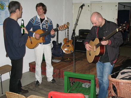 Hugh Featherstone, Sebastian Zukunft and Ingo Geishecker in the Rue Bunte studio, Berlin